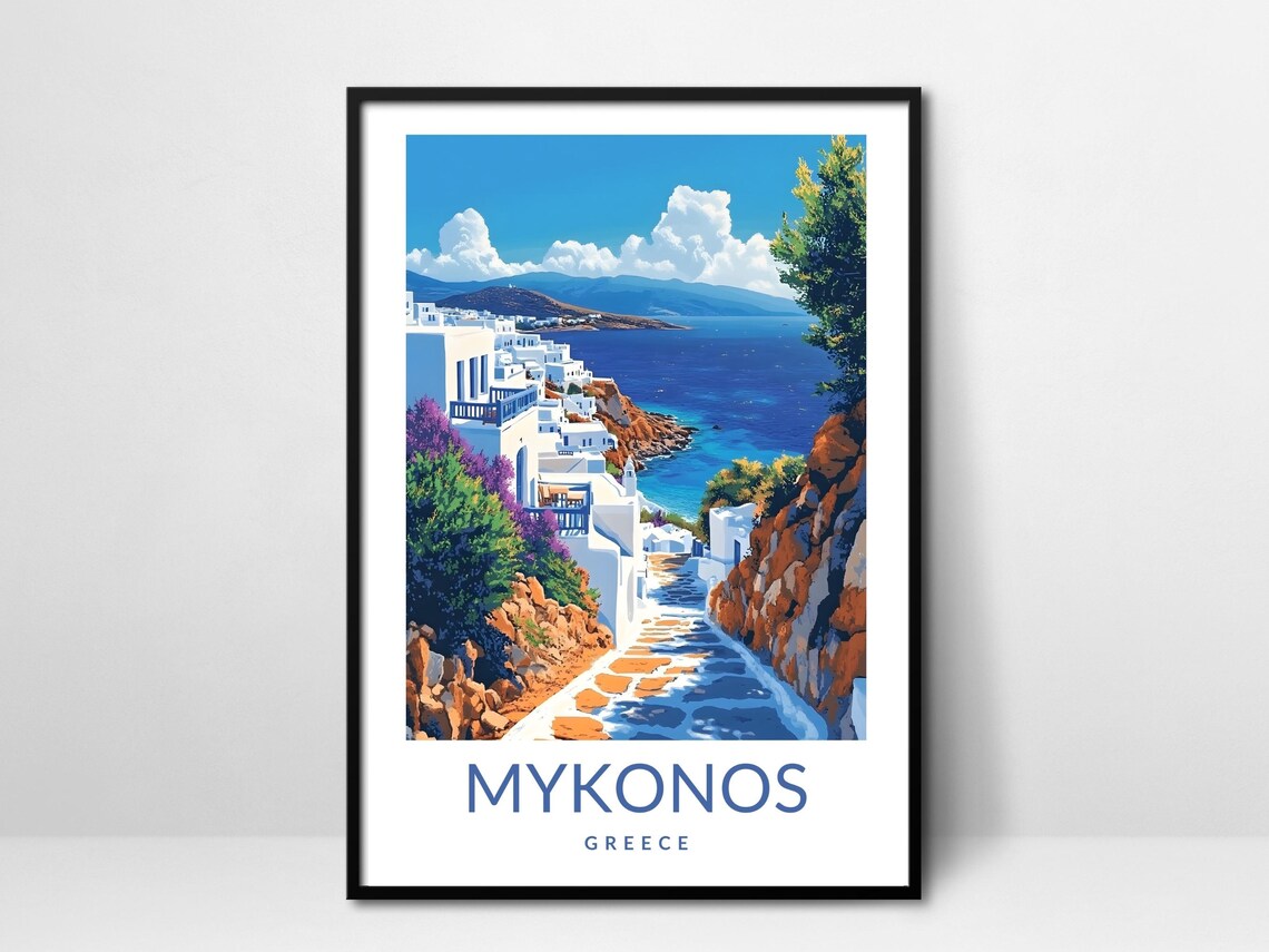 Mykonos Greece Cobblestone Lane Vintage Travel Poster Blue Sea View