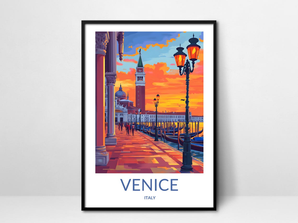 Venice Italy St Marks Campanile Sunset Gondola Waterfront Poster