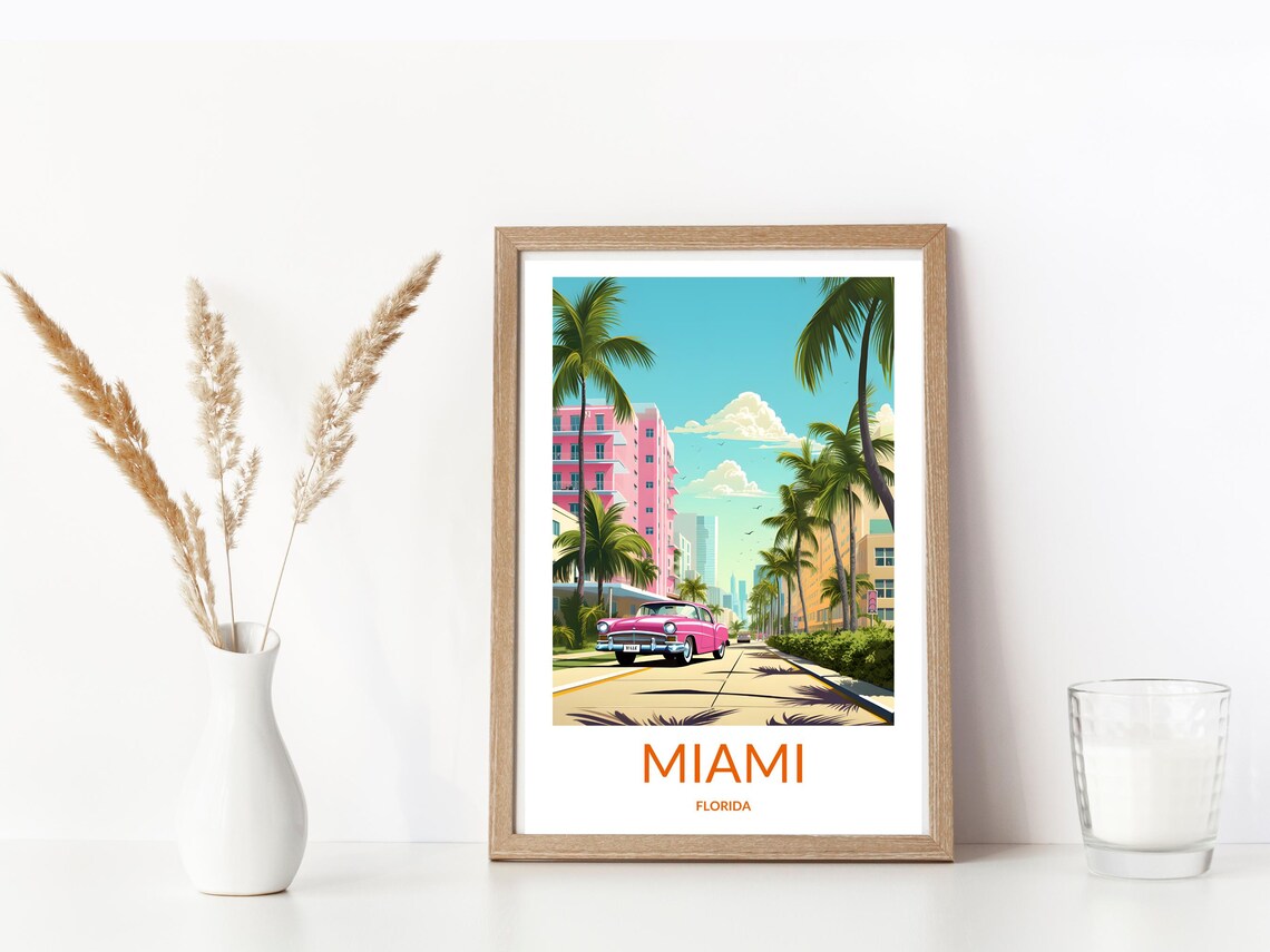 Miami Florida Pink Vintage Car Palm Street Art Deco Travel Poster - Image 3