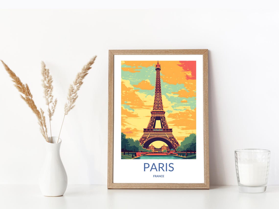 Paris France Eiffel Tower Sunset Golden Sky Vintage Travel Poster - Image 3