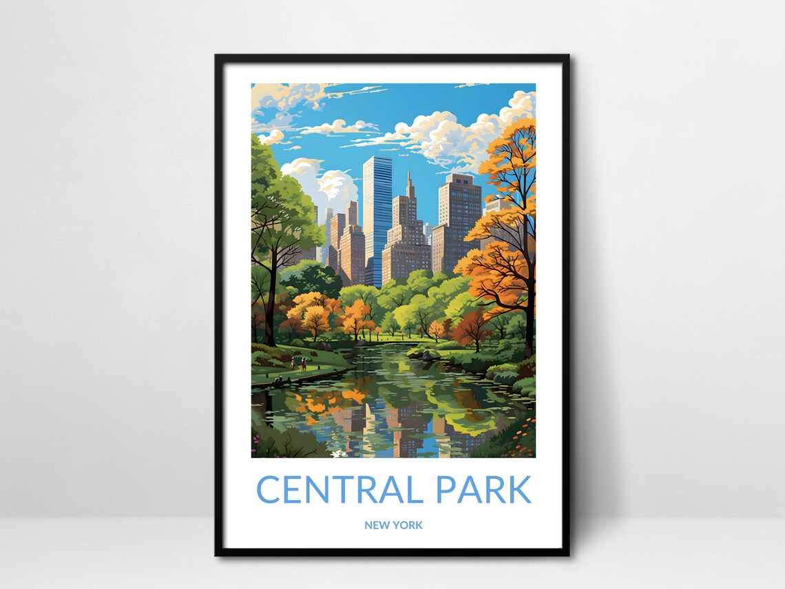 Central Park New York Autumn Pond Skyline Retro Travel Poster