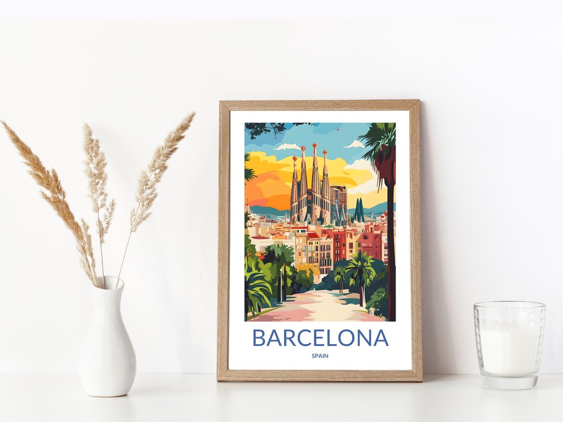 Barcelona Spain Sagrada Familia Cityscape Palm Trees Travel Poster - Image 3