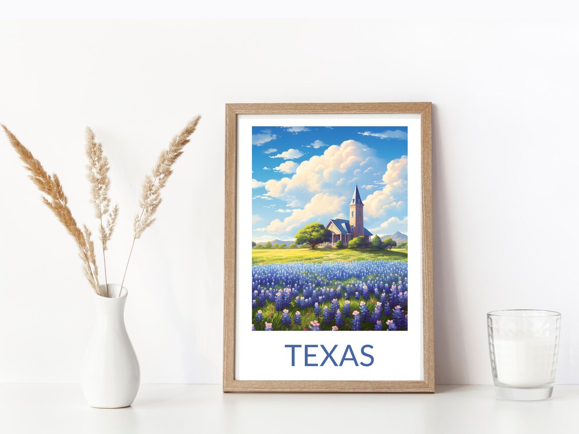 Texas Bluebonnet Field Country Church Steeple Wildflowers Art Poster - Image 3