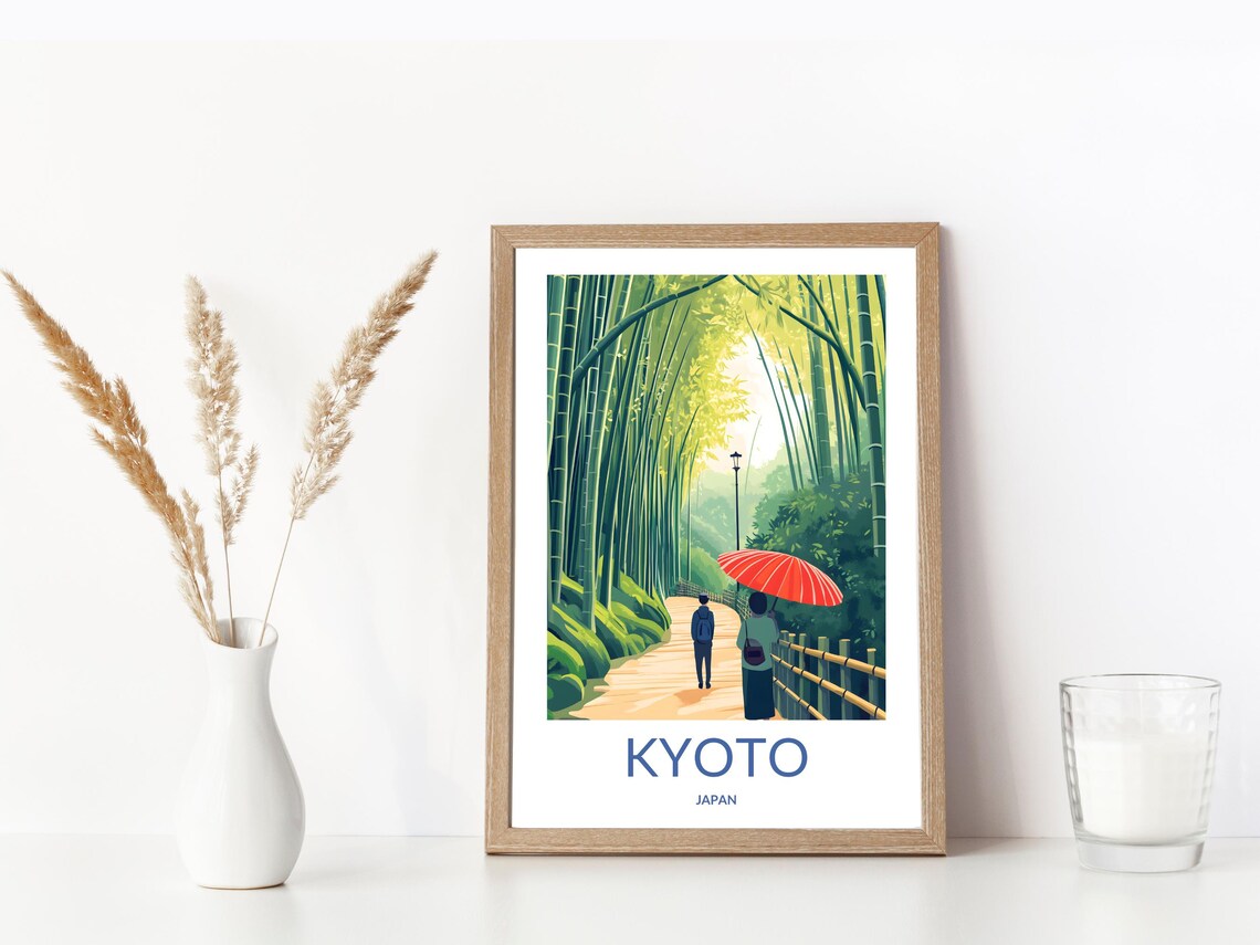 Kyoto Japan Bamboo Forest Path Red Umbrella Figure Serene Walk Poster - Image 3
