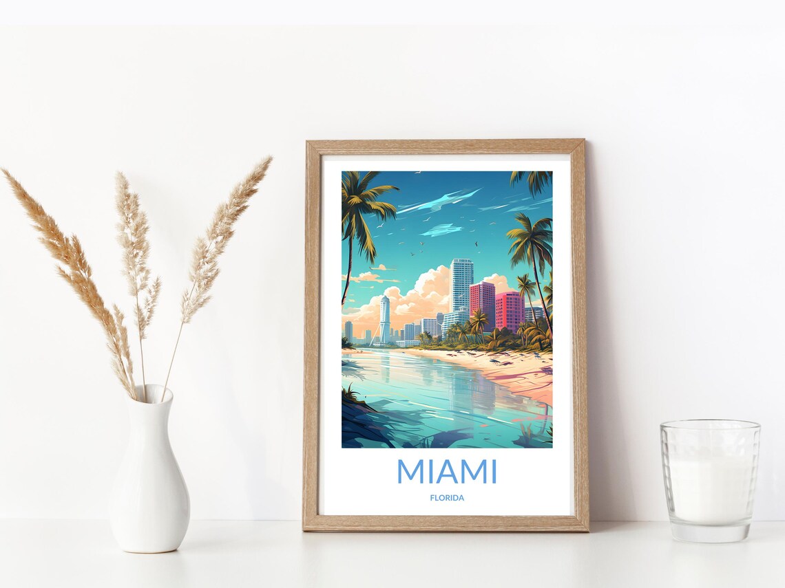 Miami Beach Skyline Palm Trees Florida Sunshine Travel Poster - Image 3