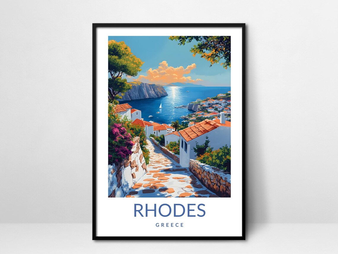 Rhodes Greece Coast Vintage Travel Poster Retro Coastal Artwork