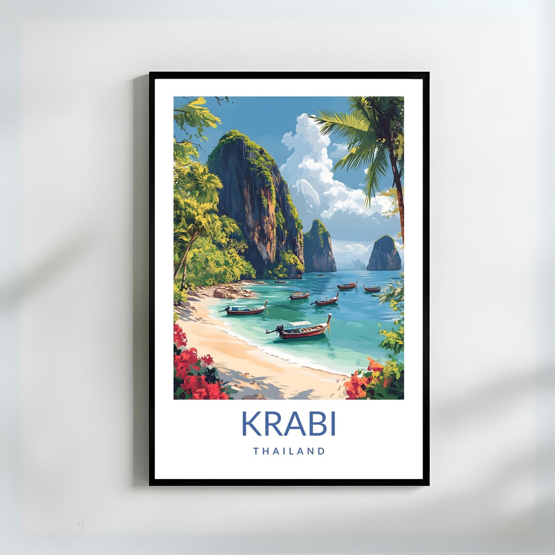 Krabi Thailand Tropical Beach Longtail Boats Coast Travel Poster
