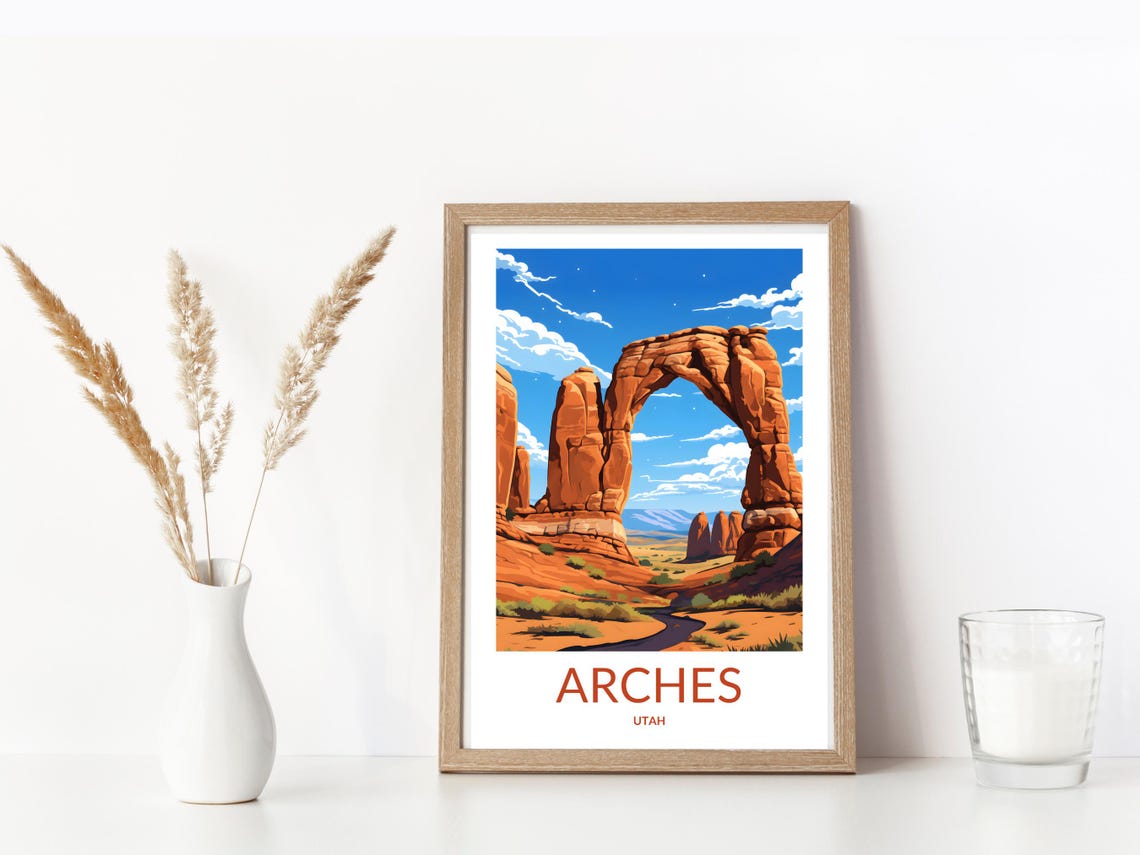 Arches Utah Towering Sandstone Arch Blue Sky Travel Scene Poster - Image 3