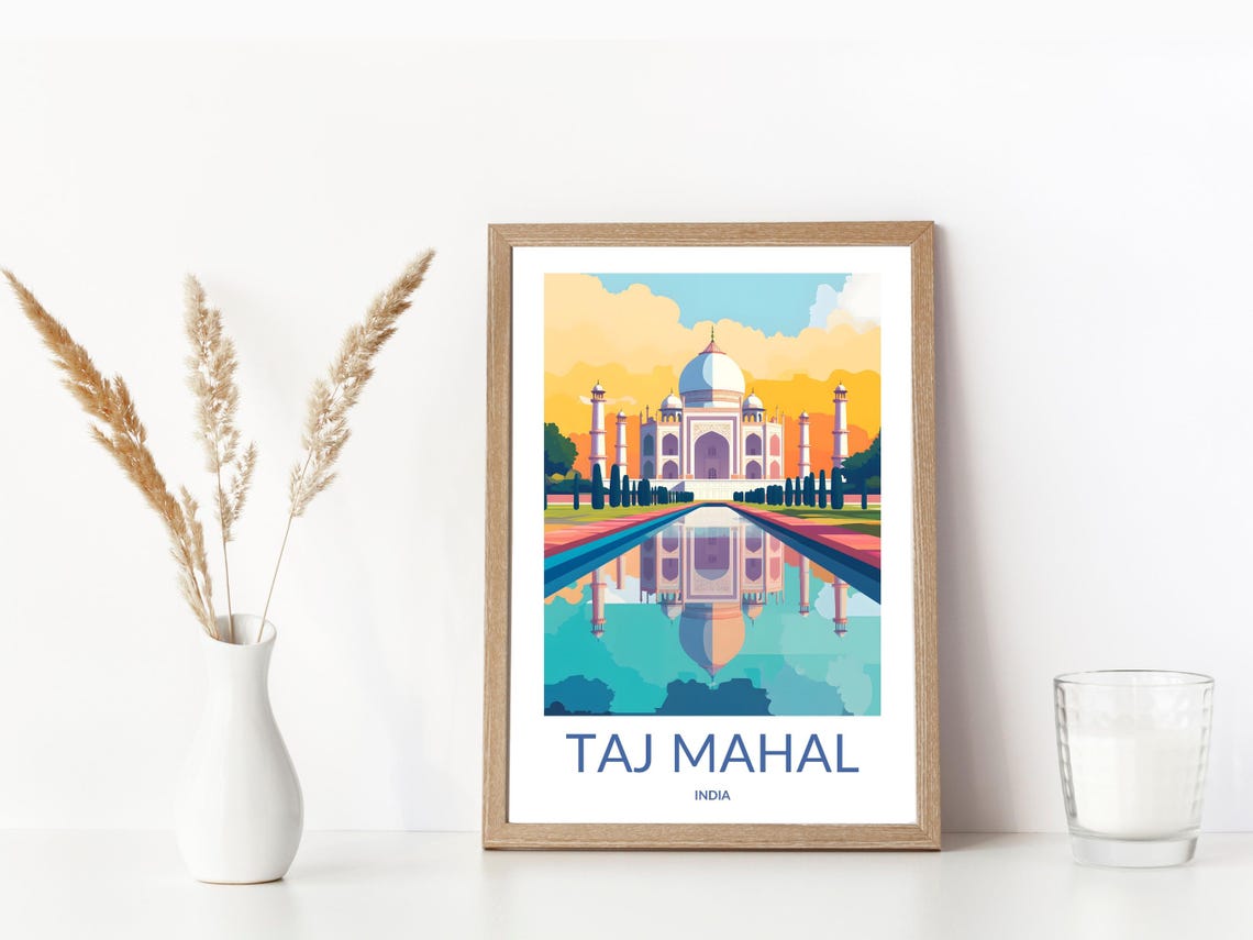 Taj Mahal India Mirrored Reflection Sunset Vintage Travel Poster - Image 3