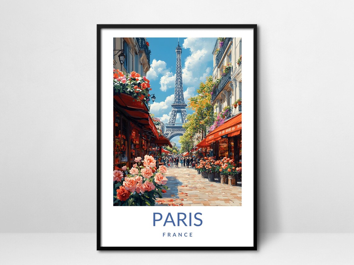 Paris France Eiffel Tower Street Poster Vintage French Travel Artwork