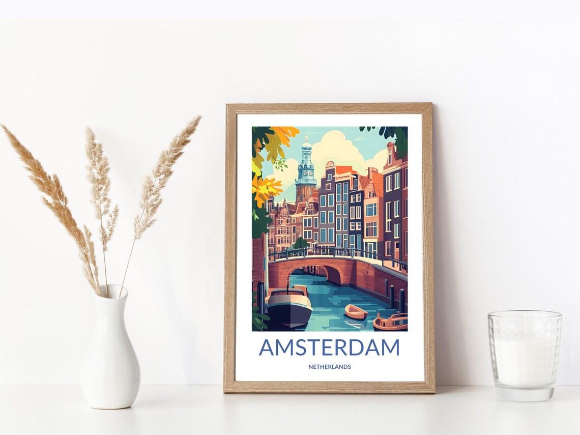 Amsterdam Brick Bridge Canal Boats Church Tower Holland Art Poster - Image 3