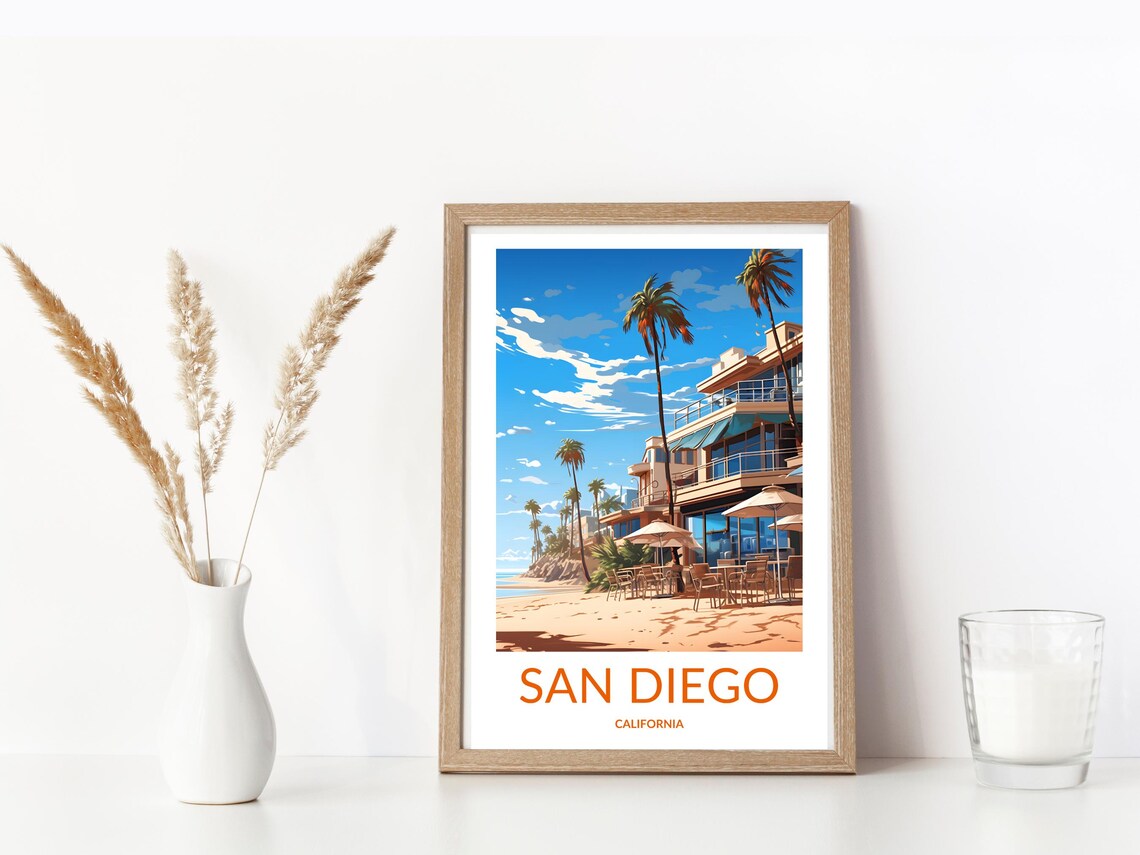 San Diego California Beach Cafe Palm Trees Coastal Scene Poster - Image 3