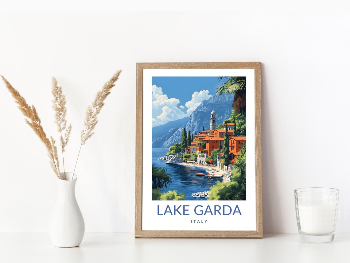Lake Garda Italy Shoreline Town Bell Tower Vintage Travel Poster Art - Image 3