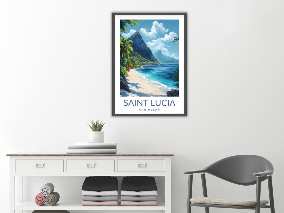 Saint Lucia Caribbean Beach And Pitons Art Print Tropical Travel Poster Saint Lucia Gift For Beach Lovers - Image 2