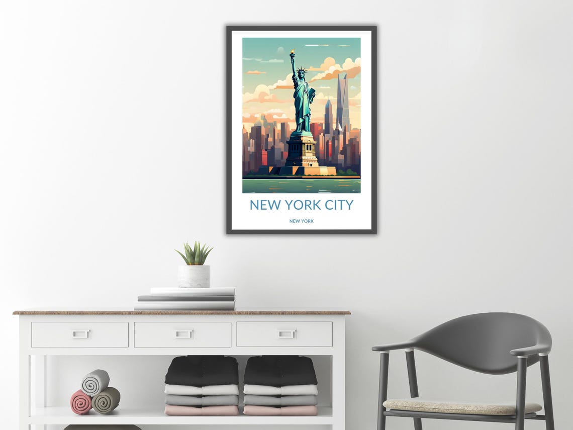Statue Of Liberty And New York City Skyline Poster Iconic Nyc Landmark Wall Art New York City Travel Poster - Image 2