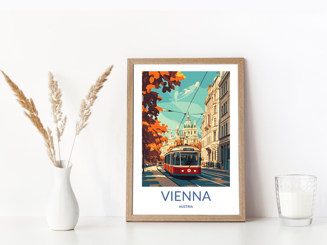 Vienna Austria Red Tram Autumn Street Baroque Church Scene Poster - Image 3