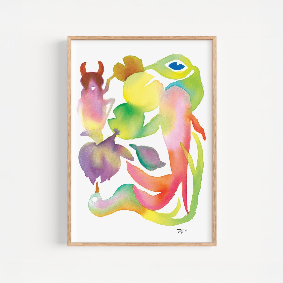 Abstract Watercolor Creatures in Pastel Rainbow Tones Modern Poster