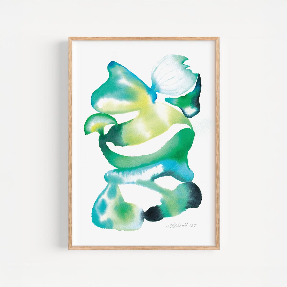 Green Teal Fluid Organic Watercolor Abstract Botanical Poster