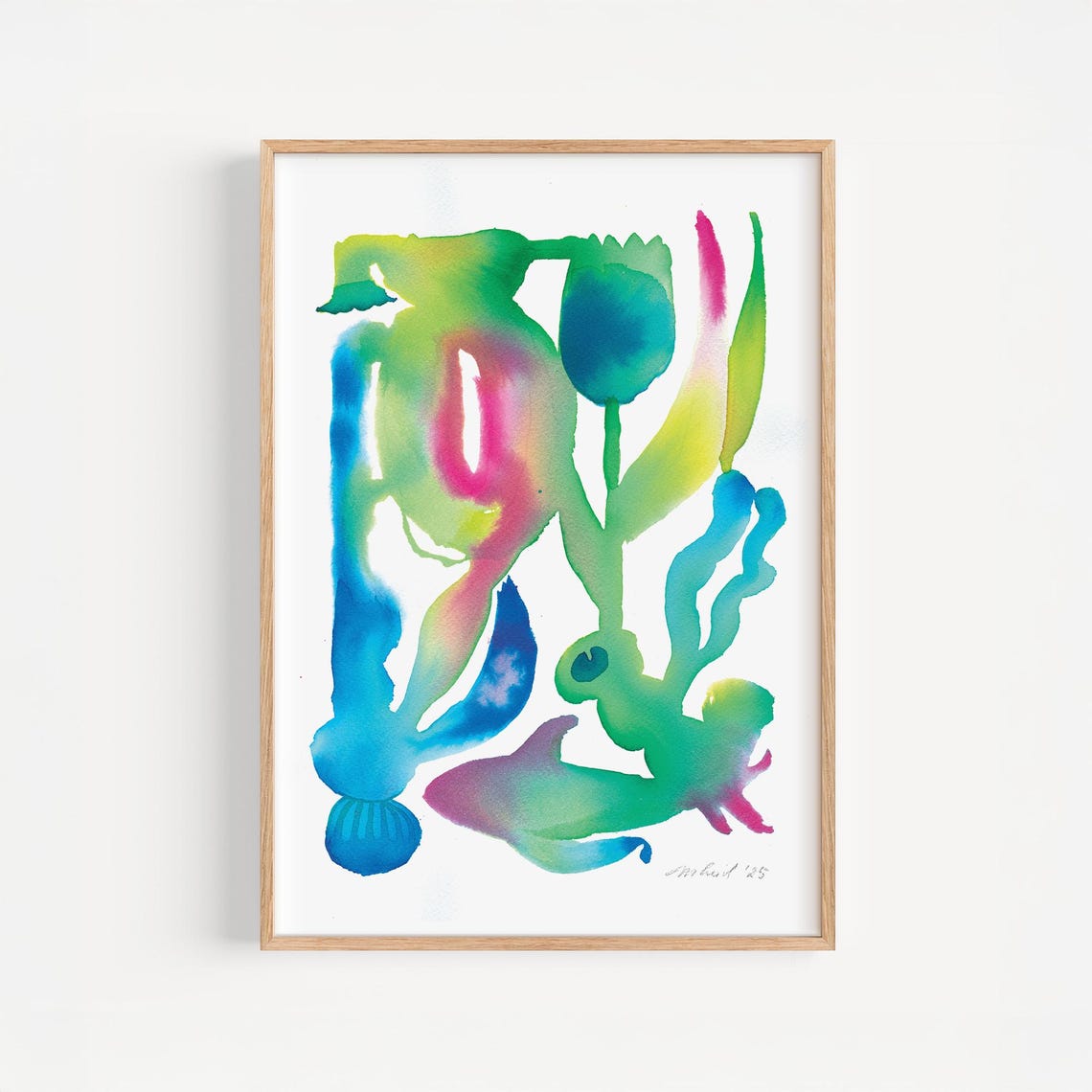 Abstract Botanical Watercolor Shapes in Teal Green and Rose Poster