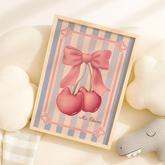 Ma Cherie Blue Pink Stripe Art Ribbon Bow Cat Cherry Illustration Coquette Love Poster