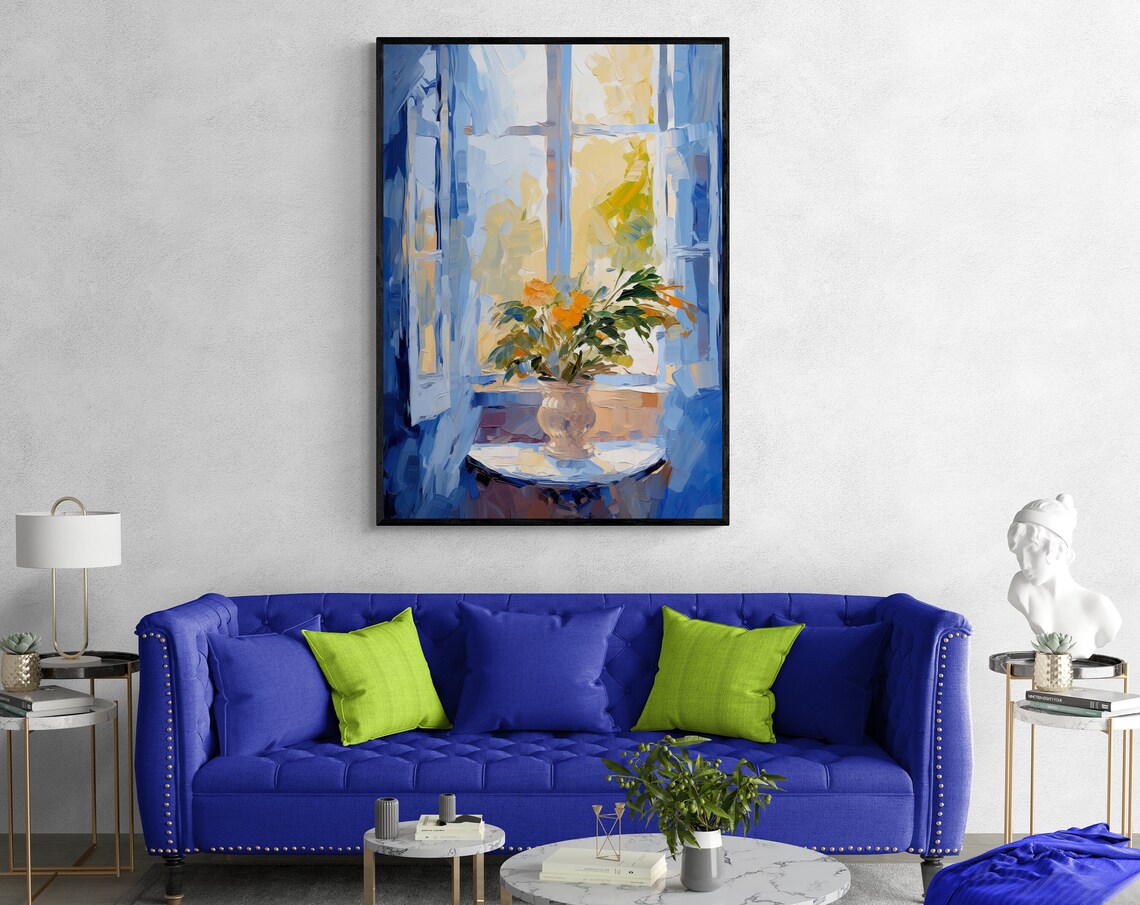 Luminous Impressionist Window View Flower Vase Blue Light Poster