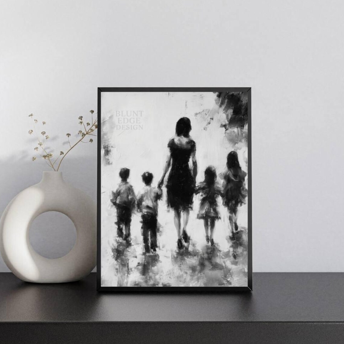 Mother Four Children Walking Silhouette Monochrome Tender Art Poster