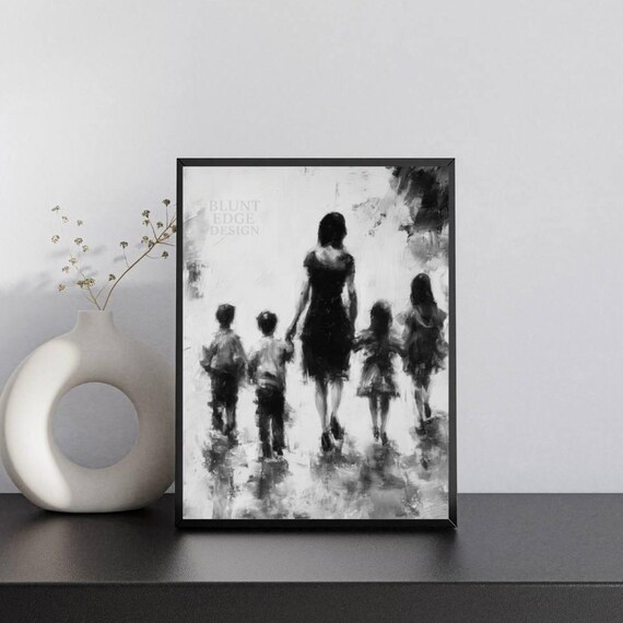 Mother Four Children Walking Silhouette Monochrome Tender Art Poster