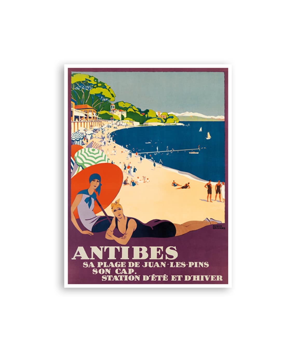 Antibes Juan Les Pins Beach Bathers French Riviera Vintage Poster