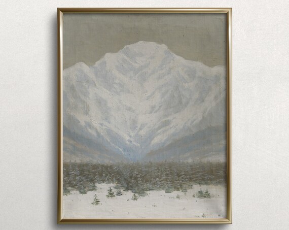 Winter Ski Resort Vintage Winter Mountain Painting Vintage Winter Art Print White Winter Landscape Moody Winter Scene L150