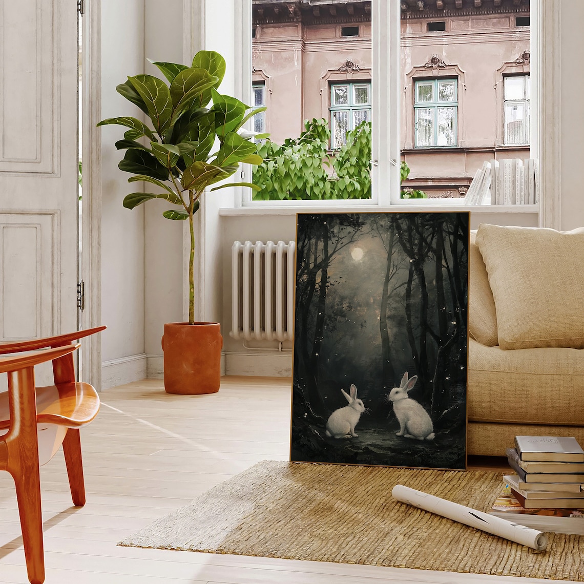 White Rabbits Moonlit Forest Dark Woodland Full Moon Painting Poster - Image 4