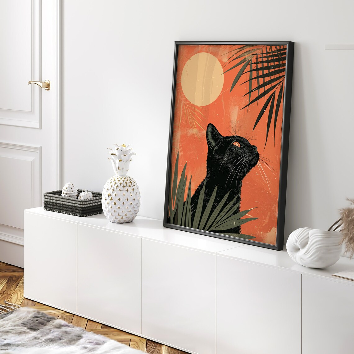 Black Cat With Terracotta Sun Palm Fronds Modern Cat Wall Art - Image 4