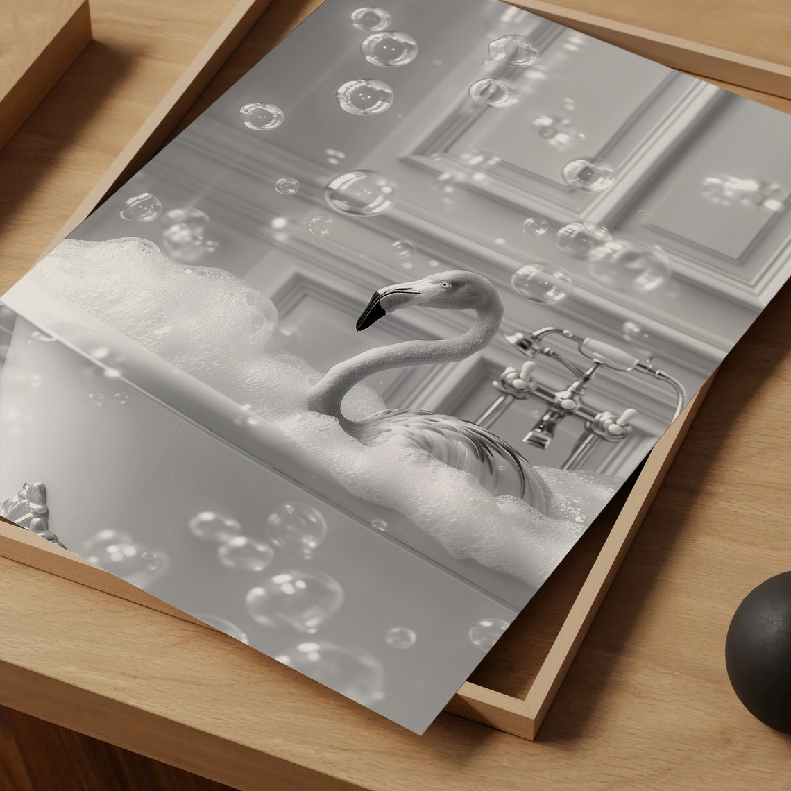 Flamingo Bubble Bath Black and White Funny Bird Gold Frame Art Poster - Image 5