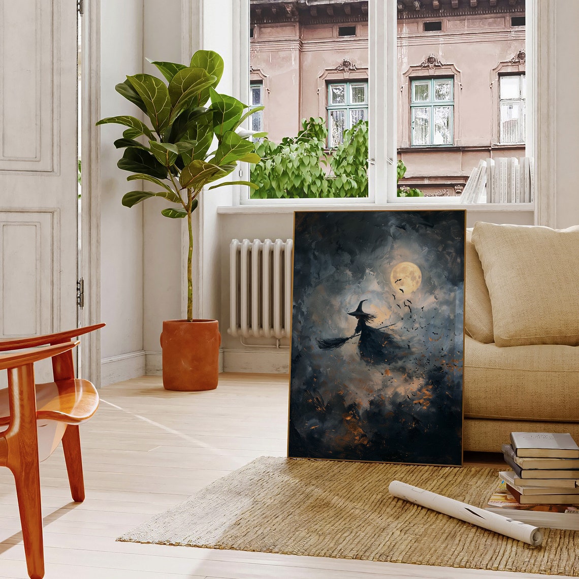 Witch Riding Broom Golden Moon Dark Cloudy Night Flight Poster - Image 4