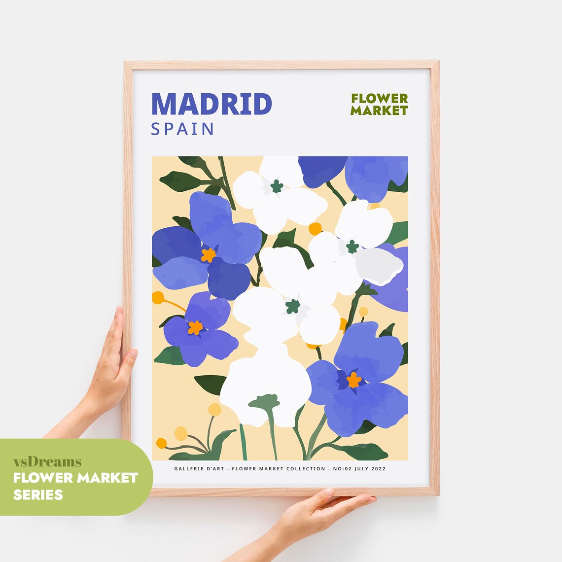 Madrid Flower Market Blue White Floral Watercolor Art Poster