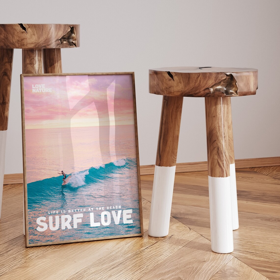 Surf Love Pink Sky Surfer Riding Turquoise Wave Ocean Photo Poster - Image 3