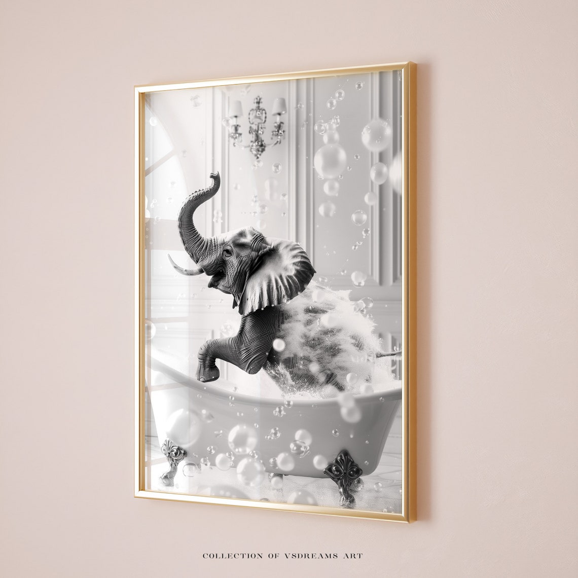 Baby Elephant Bubble Bath Black and White Funny Bathroom Poster