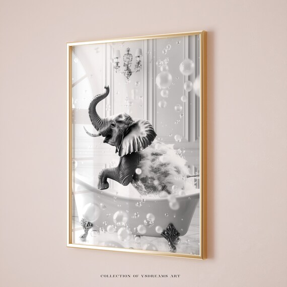 Baby Elephant Bubble Bath Black and White Funny Bathroom Poster