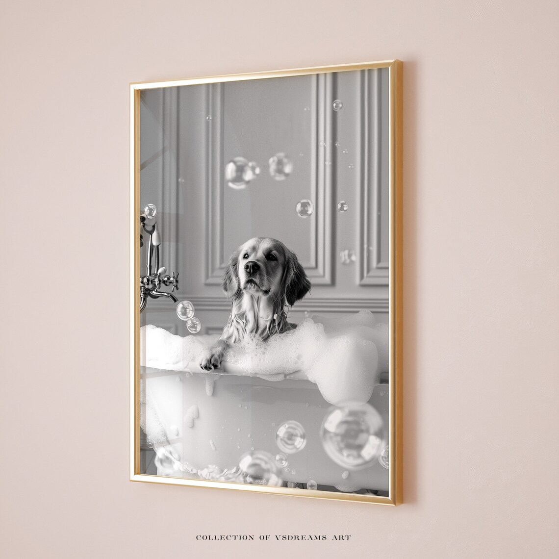 Golden Retriever In Tub, Bathroom Dog Art Print