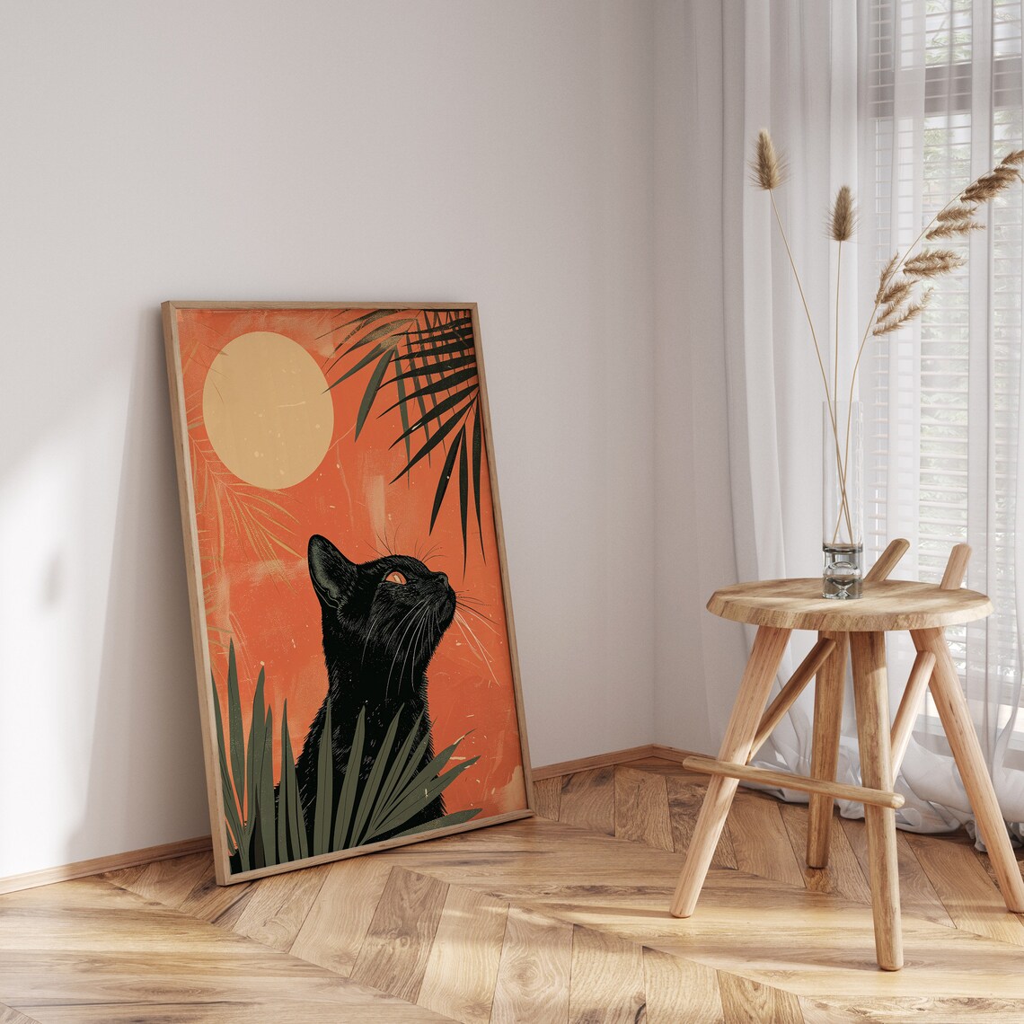 Black Cat With Terracotta Sun Palm Fronds Modern Cat Wall Art - Image 3