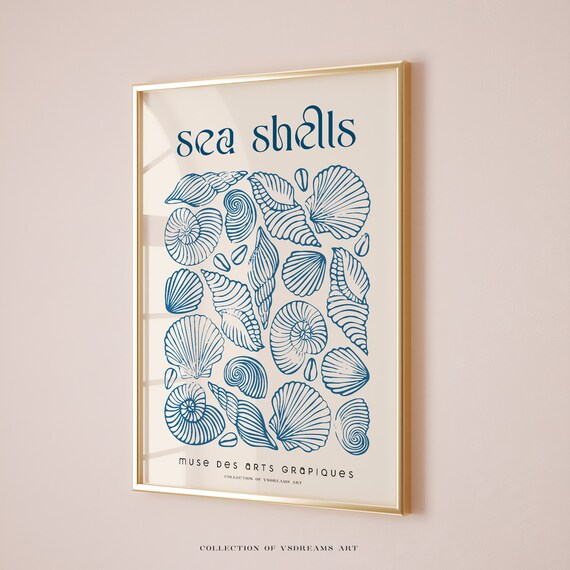 Sea Shells Blue Vintage Specimen Chart Coastal Nautical Wall Art