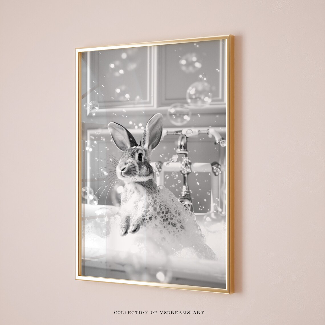 Black and White Rabbit Bubble Bath Monochrome Bunny Bathroom Art Poster