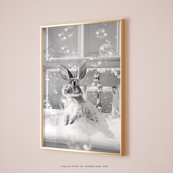 Black and White Rabbit Bubble Bath Monochrome Bunny Bathroom Art Poster