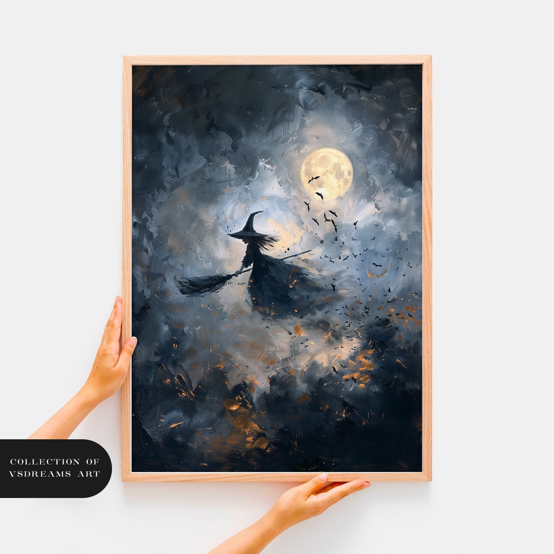 Witch Riding Broom Golden Moon Dark Cloudy Night Flight Poster - Image 3