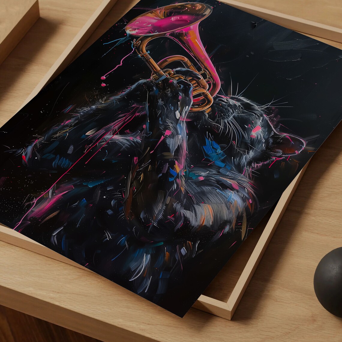 Black Panther Playing Pink Trumpet Neon Splash Jazz Music Animal Poster - Image 4