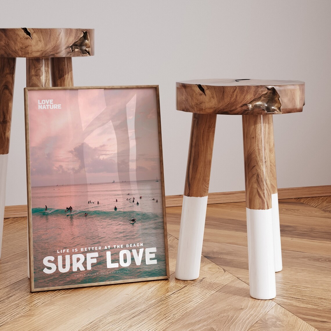 Surf Love Pastel Pink Ocean Surfers On Waves Beach Scene Poster - Image 3