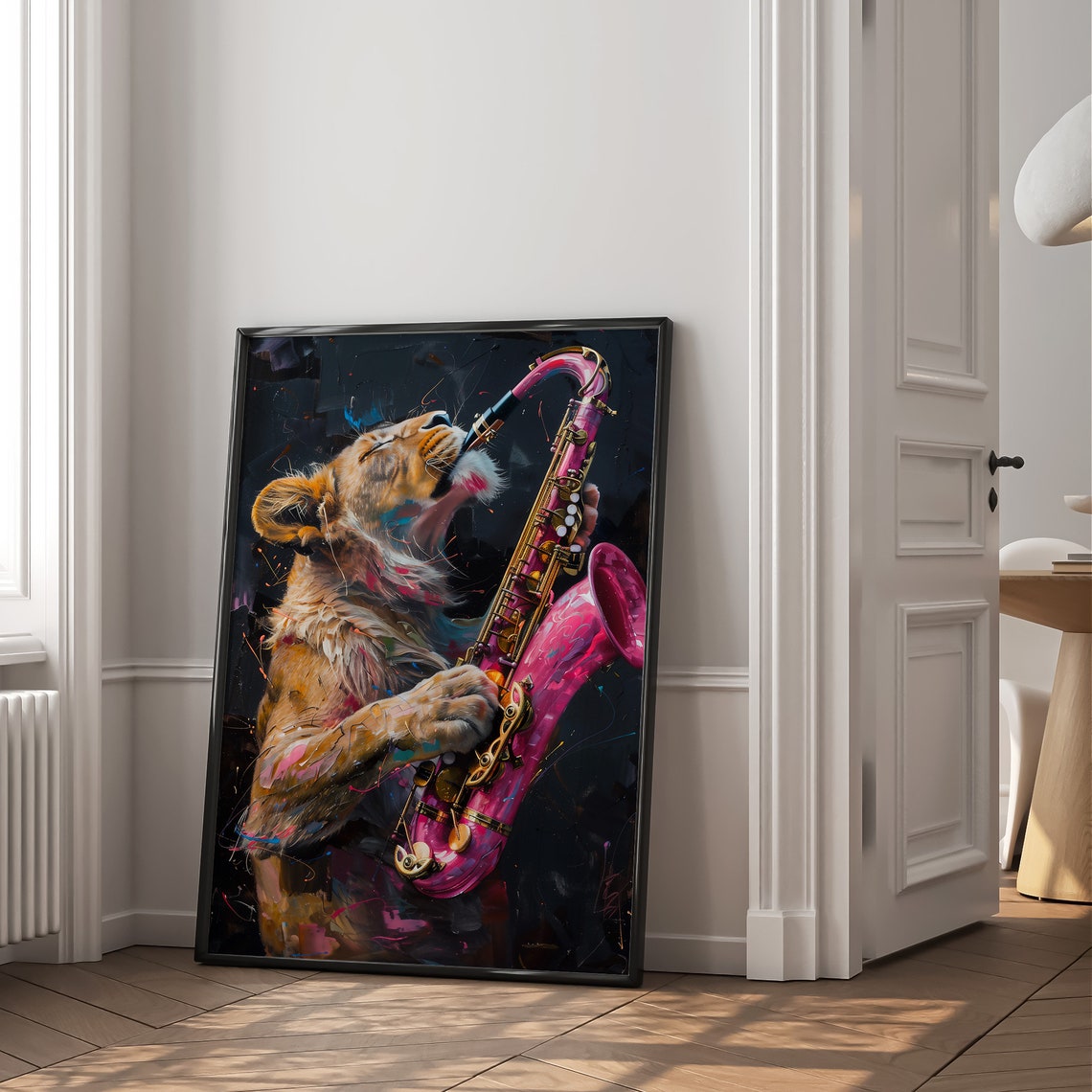Lion Playing Pink Saxophone Neon Splash Bold Jazz Music Animal Poster - Image 2