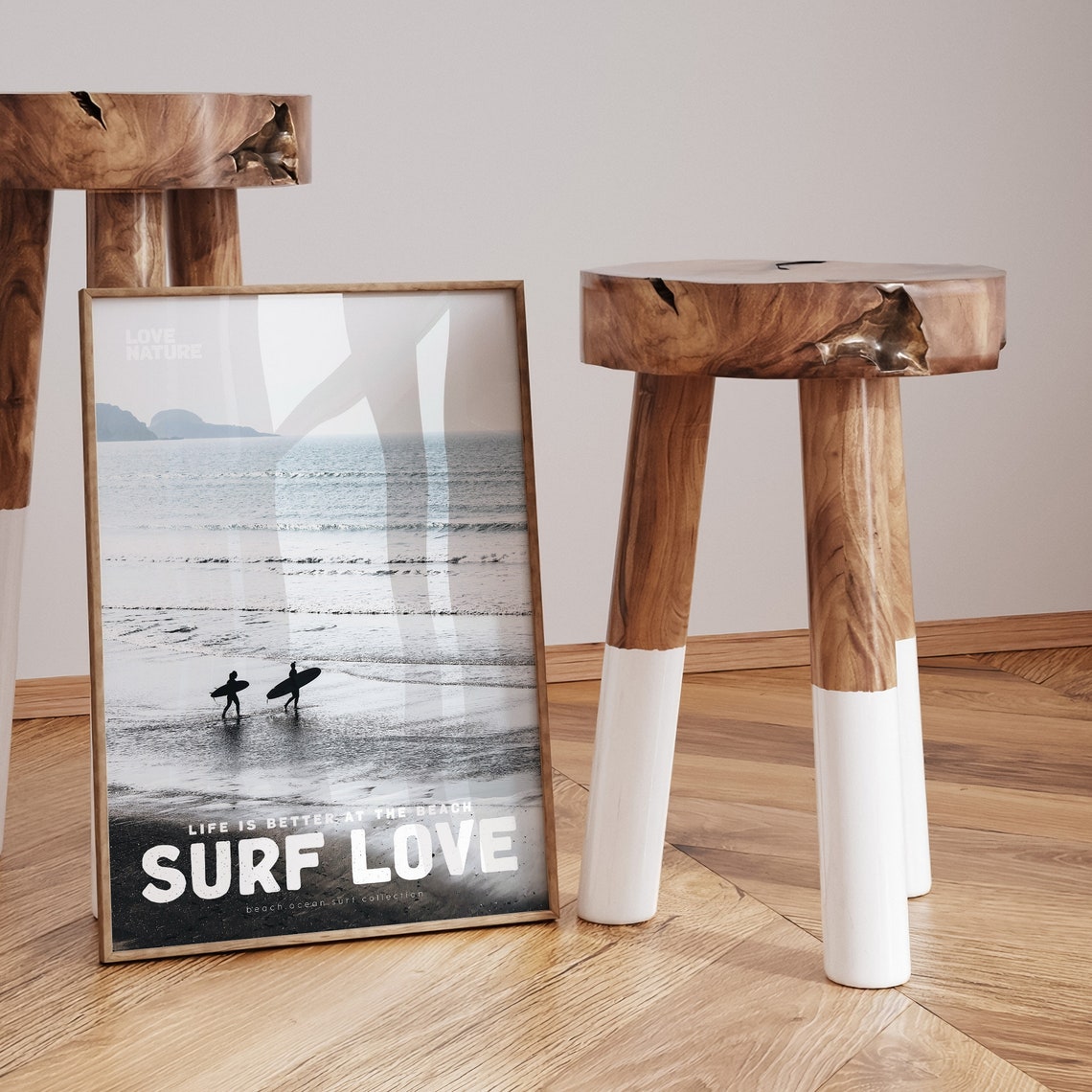 Surf Love Black And White Surfers Walking Shore Ocean Beach Poster - Image 3