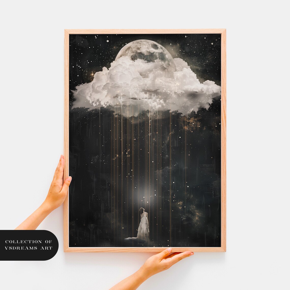 Woman Under Moon Cloud Night Sky Dark Academia Surreal Poster - Image 2