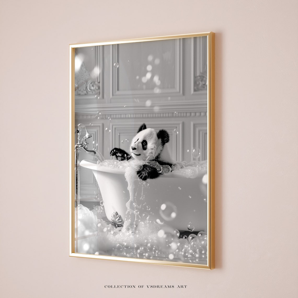 Panda Bubble Bath Black and White Funny Animal Bathroom Poster