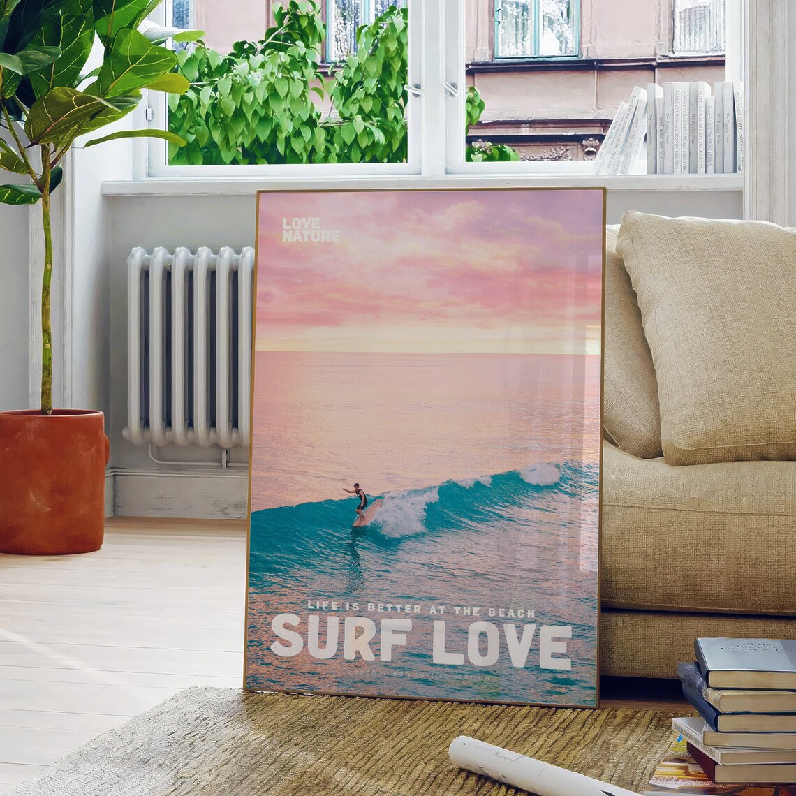 Surf Love Pink Sky Surfer Riding Turquoise Wave Ocean Photo Poster - Image 5